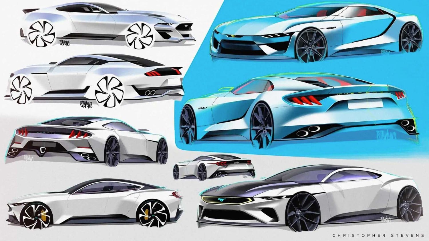 Croquis du designer Christopher Stevens, avec la Mustang comme point de départ